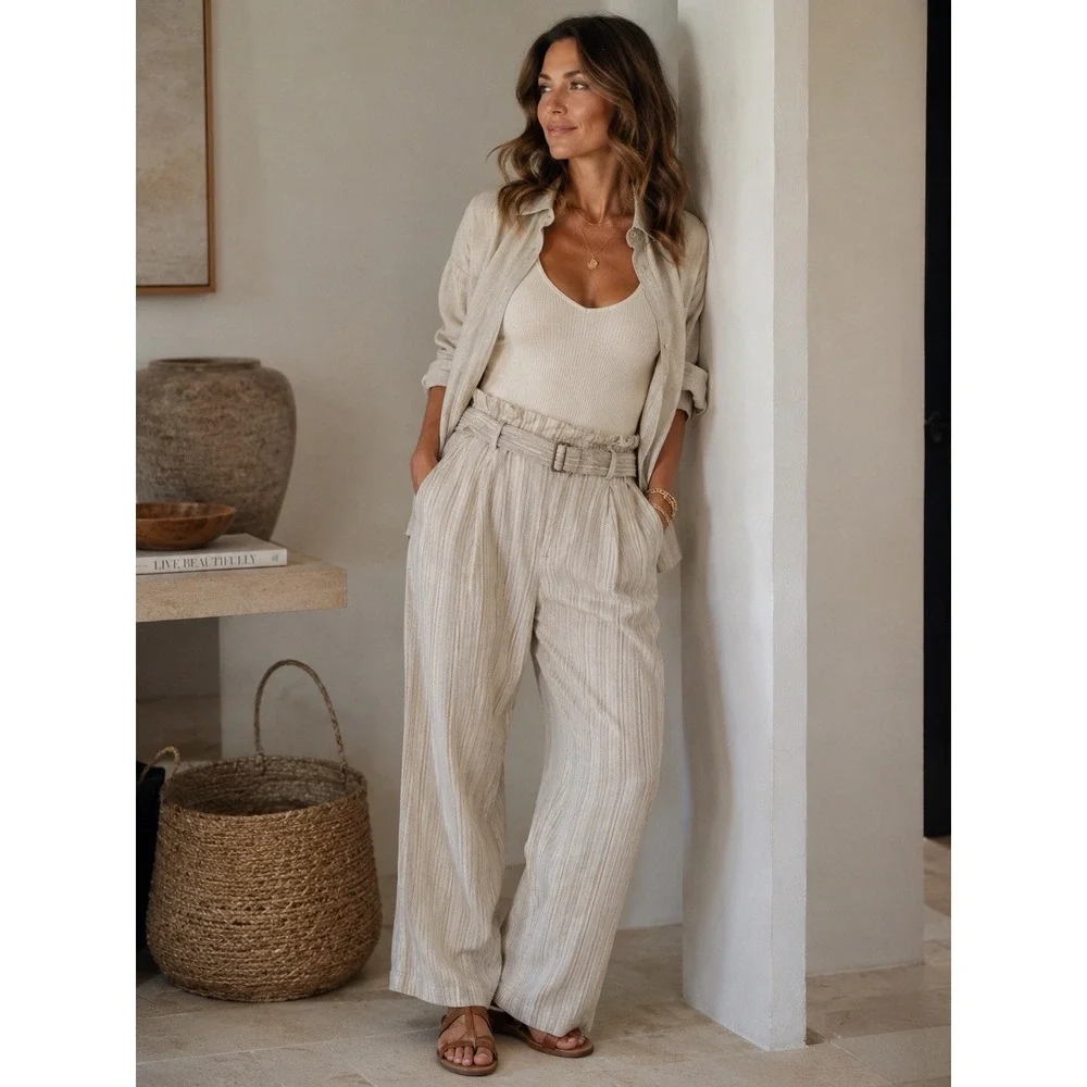 Banana Republic Linen Blend Pants Size 8 Wide Leg Belted Coastal Paper Bag Waist